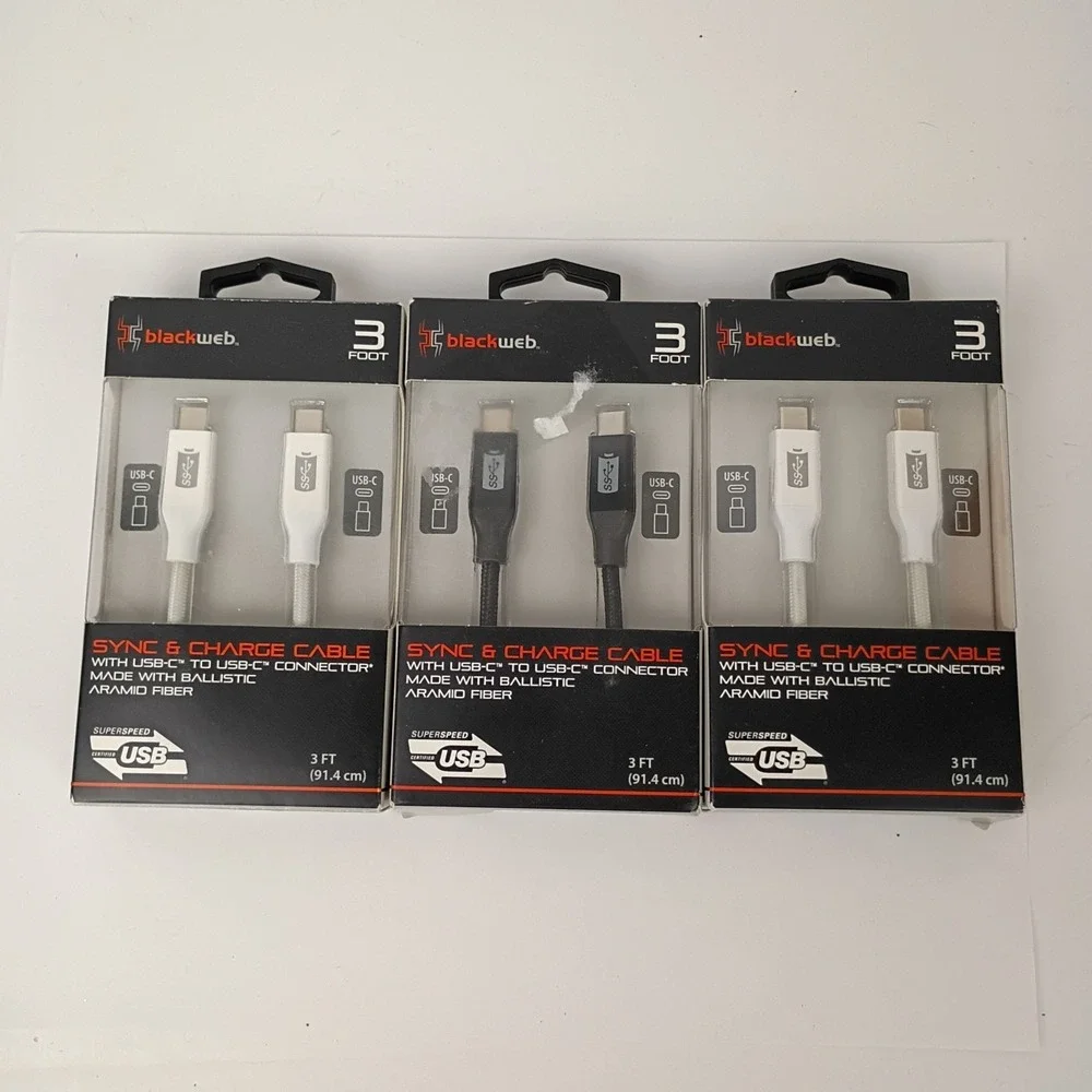 3 Pack of Black Web 3-foot Sync & Charge Cables with USB-C And USB-C Connector